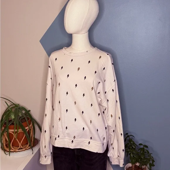 Z Supply Lightning Bolt Sweatshirt Medium White Leopard Accent Relaxed Fit - Picture 2 of 10